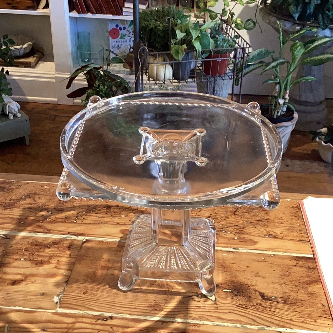Vtg. Glass Pedestal Cake Stand - Circle in Square